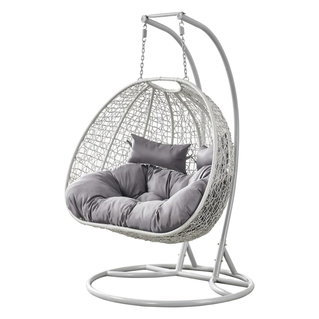 White Double Hanging Egg Chair, white background, angled view.