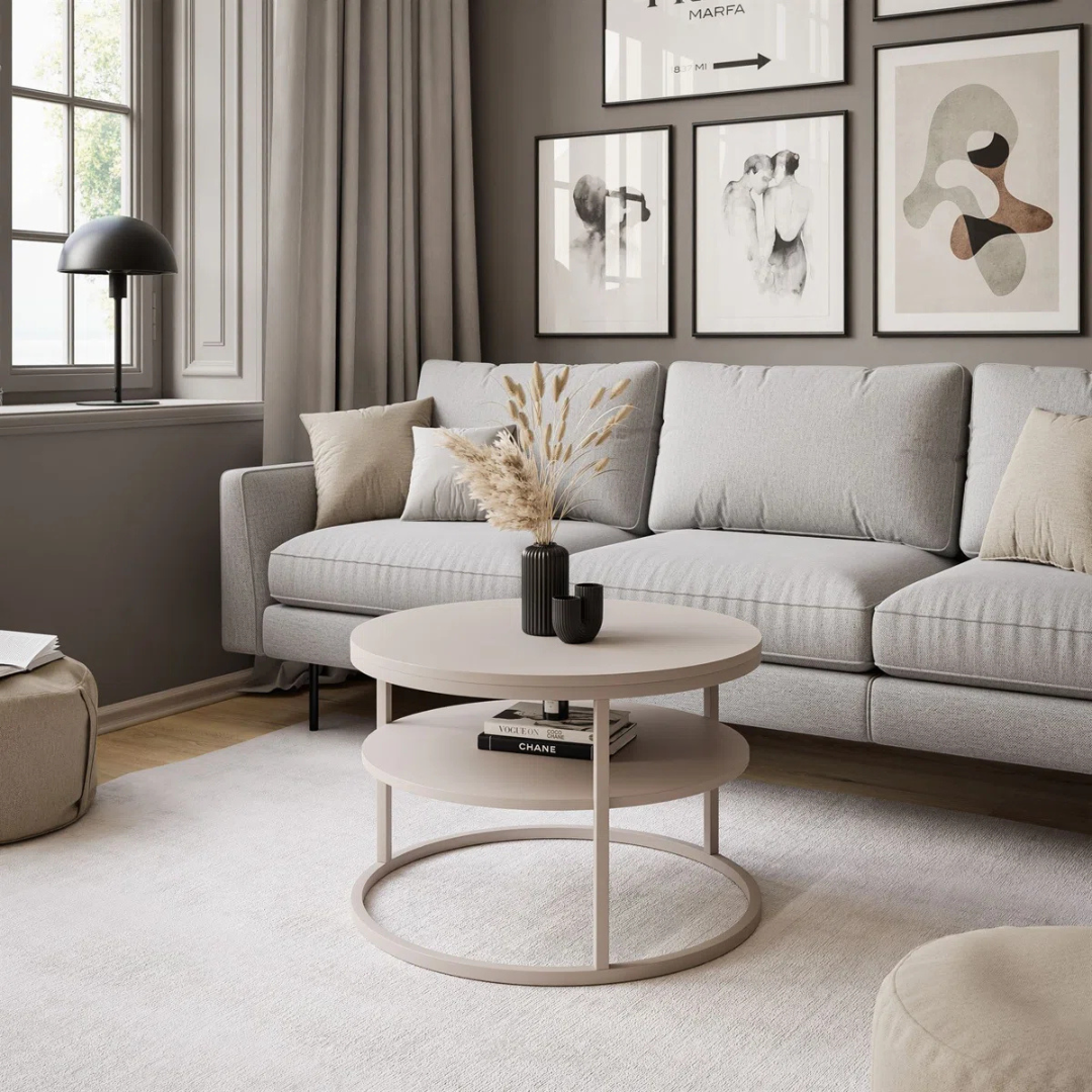 White Minimalist 2 Tier Coffee Table with round shape, set in a modern home.