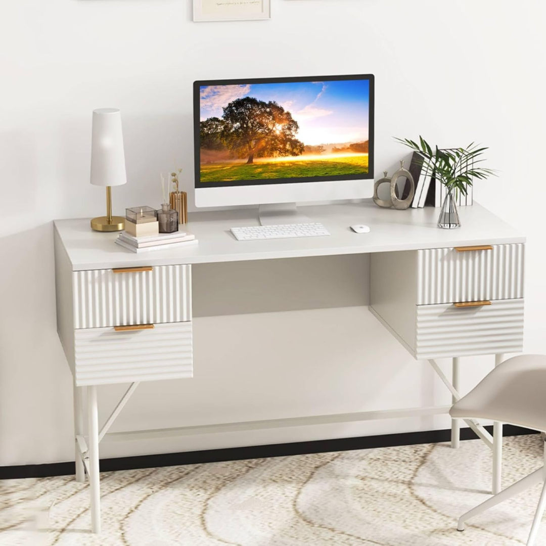 White Modern Home Office Desk, set in a model home.