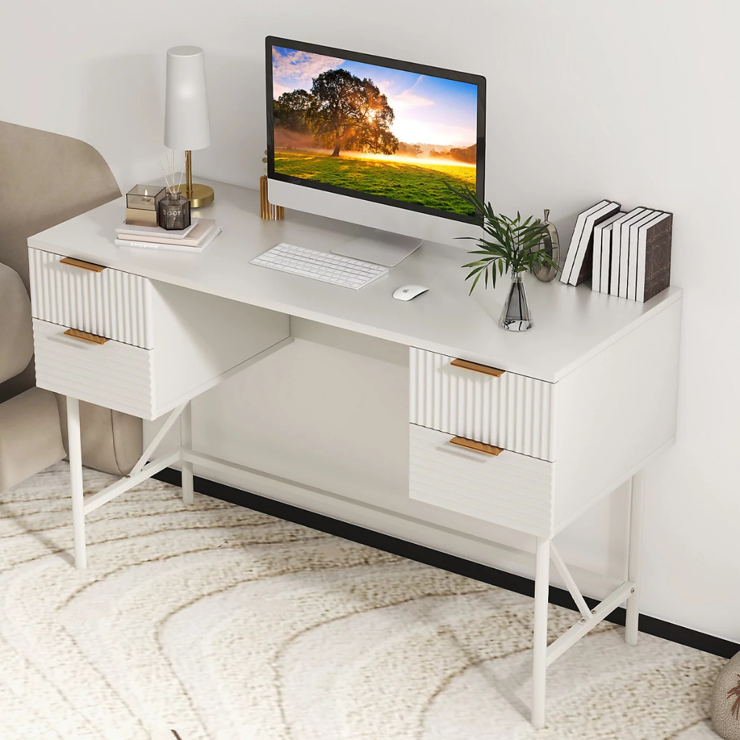 White Modern Home Office Desk, top view.