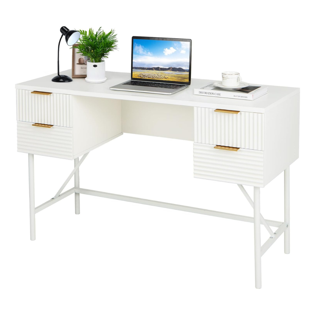 White Modern Home Office Desk, white background.