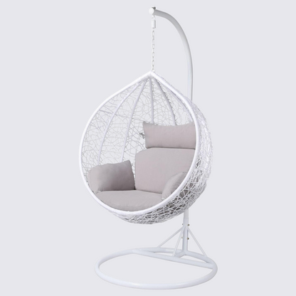 White Tear Drop Hanging Egg Chair And Stand, grey background.