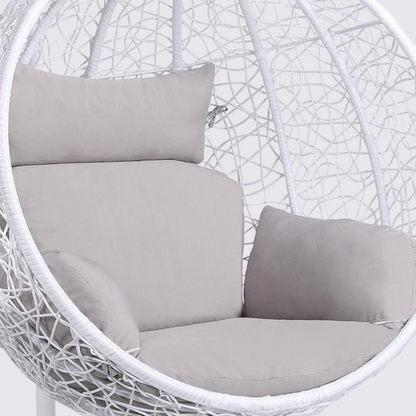 White Tear Drop Hanging Egg Chair And Stand, close up of design and cushions.