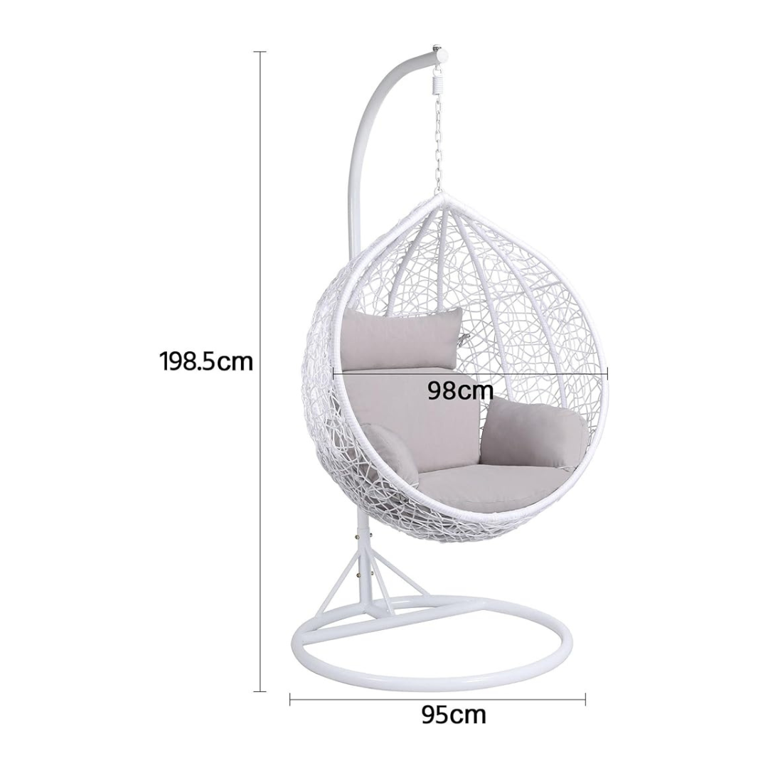 White Tear Drop Hanging Egg Chair And Stand, dimensions.