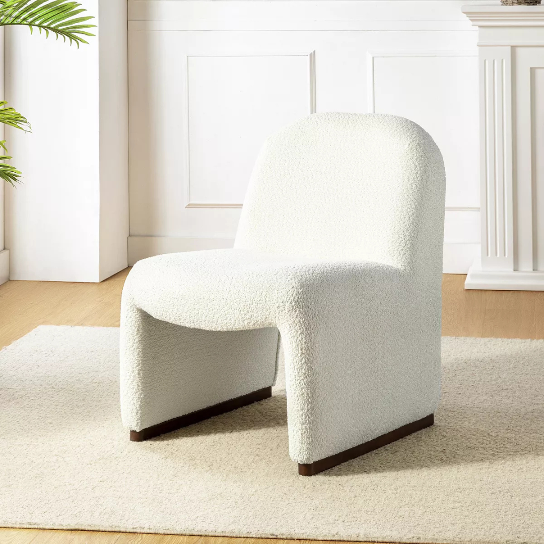 White boucle funky accent chair in a modern living space
