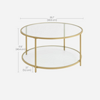 Gold-framed glass coffee table with dimensions on a white background