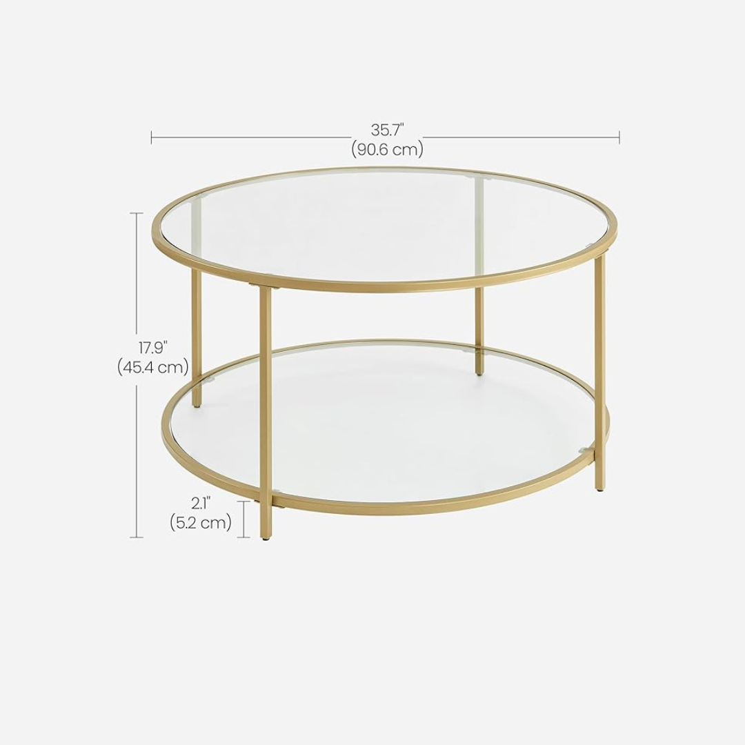Gold-framed glass coffee table with dimensions on a white background
