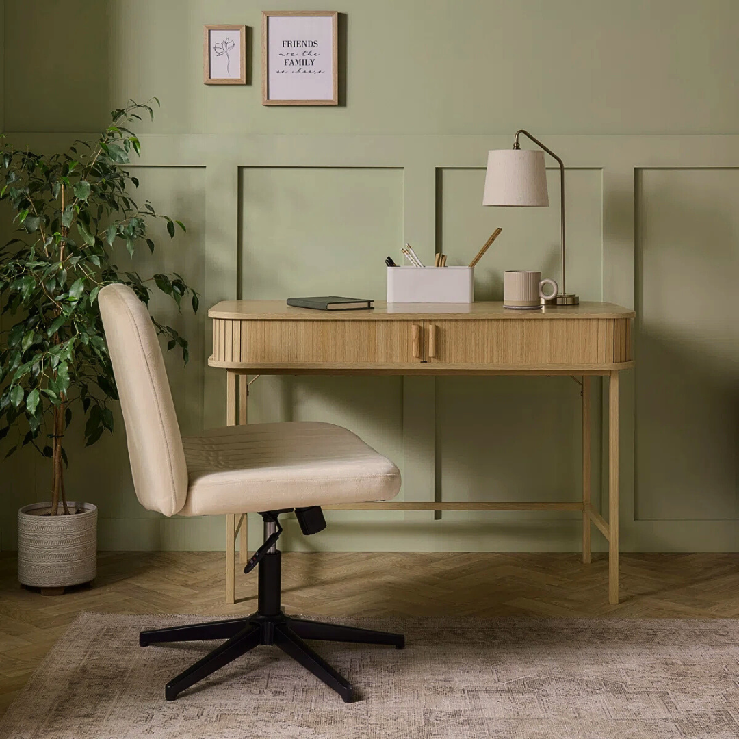Wood Modern Mid Century Desk, set in a mid century styled office.