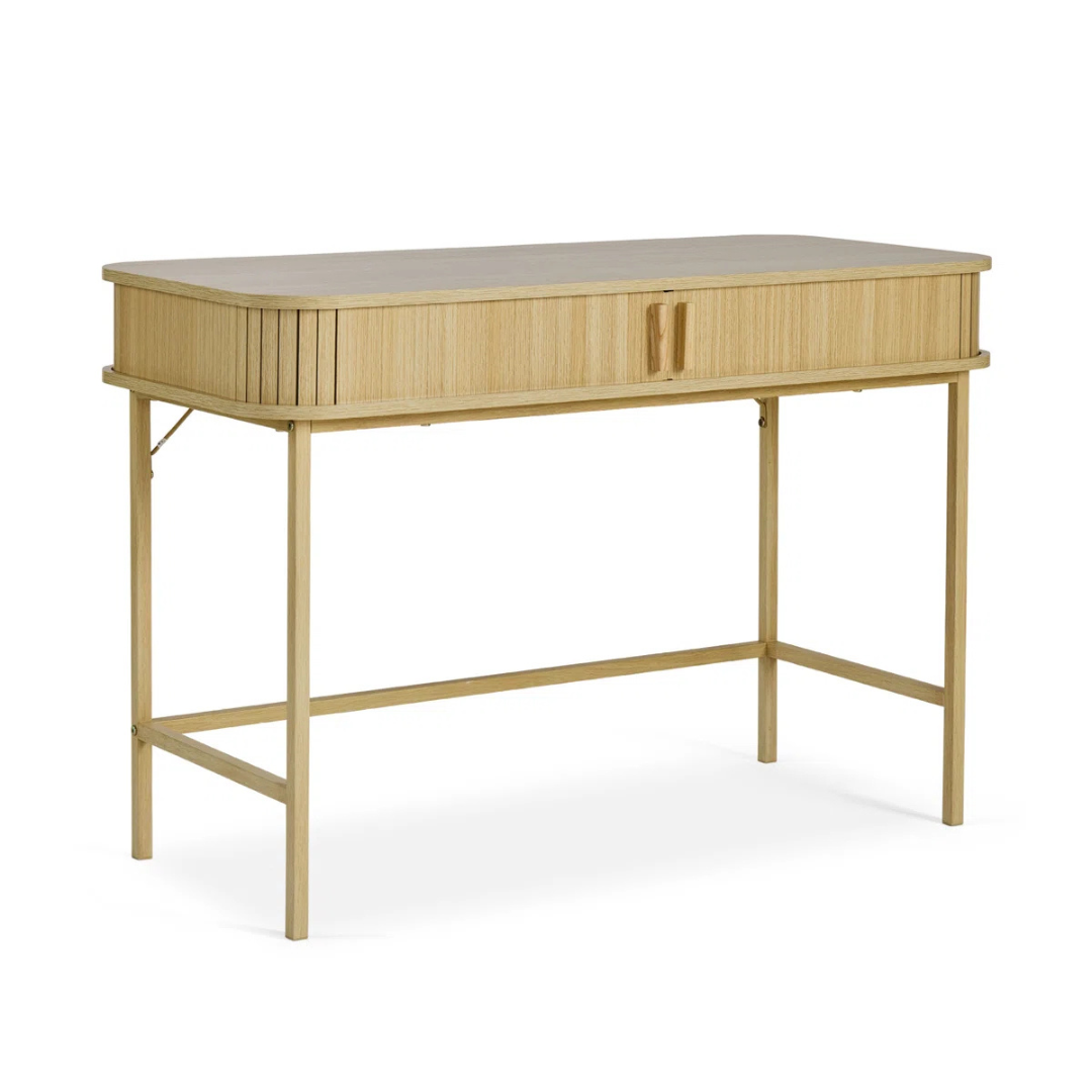 Wood Modern Mid Century Desk, white background.