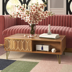 Wooden art deco coffee table with gold accents, set in a mid century living space.