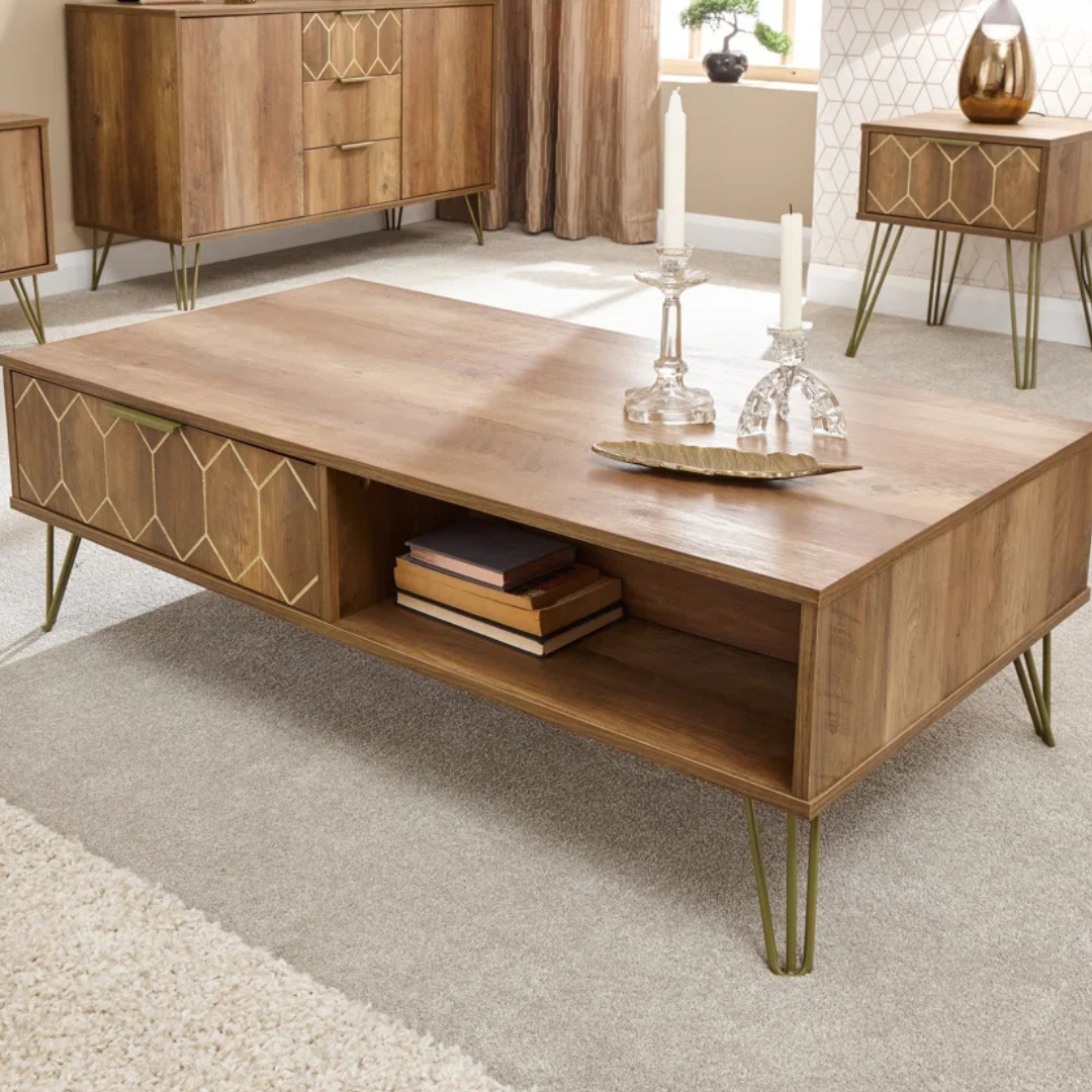 Wooden art deco coffee table with gold accents, set in a modern home.
