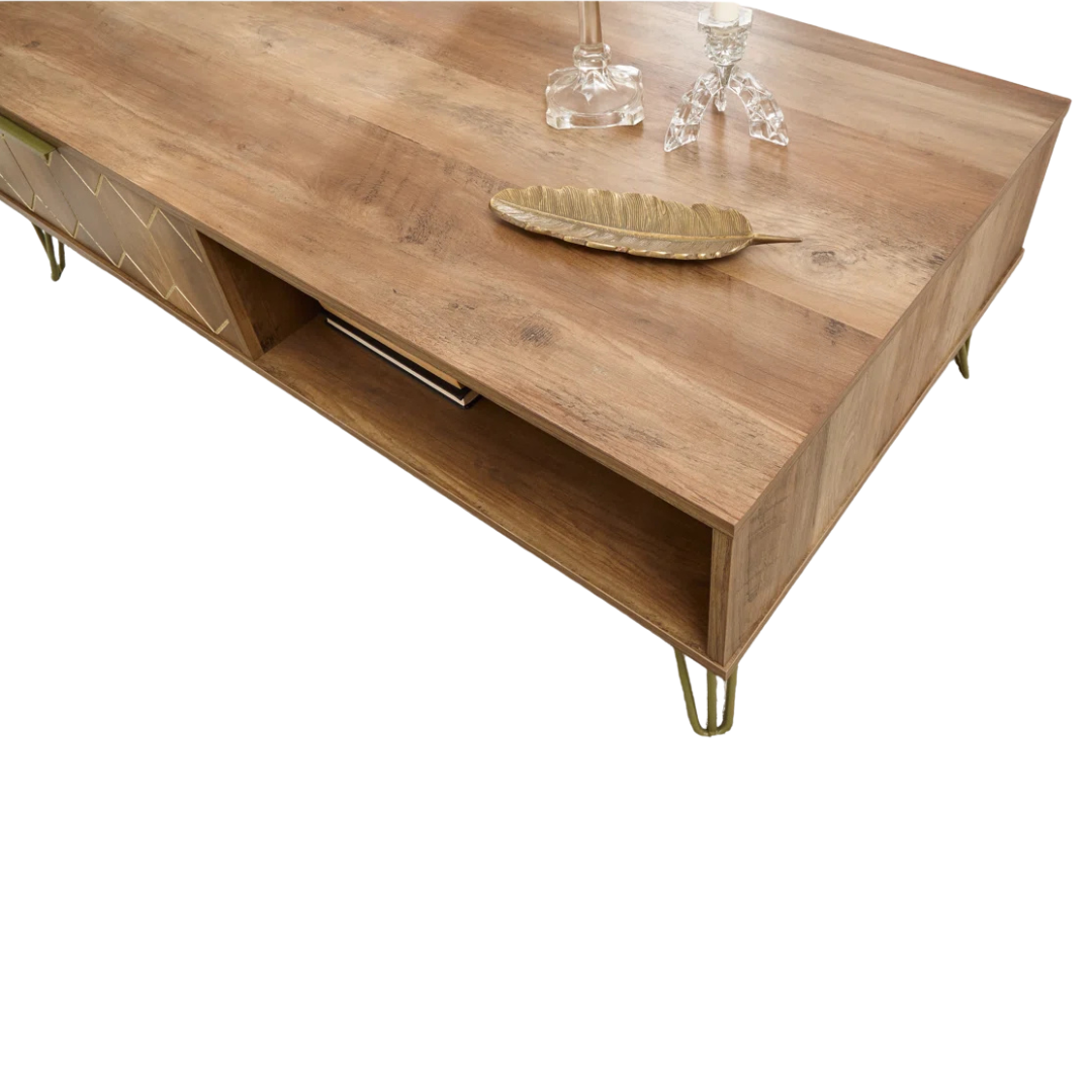 Wooden art deco coffee table with gold accents, white background, close up to timber design.