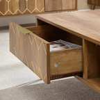 Wooden art deco coffee table with gold accents, close up to open drawer.