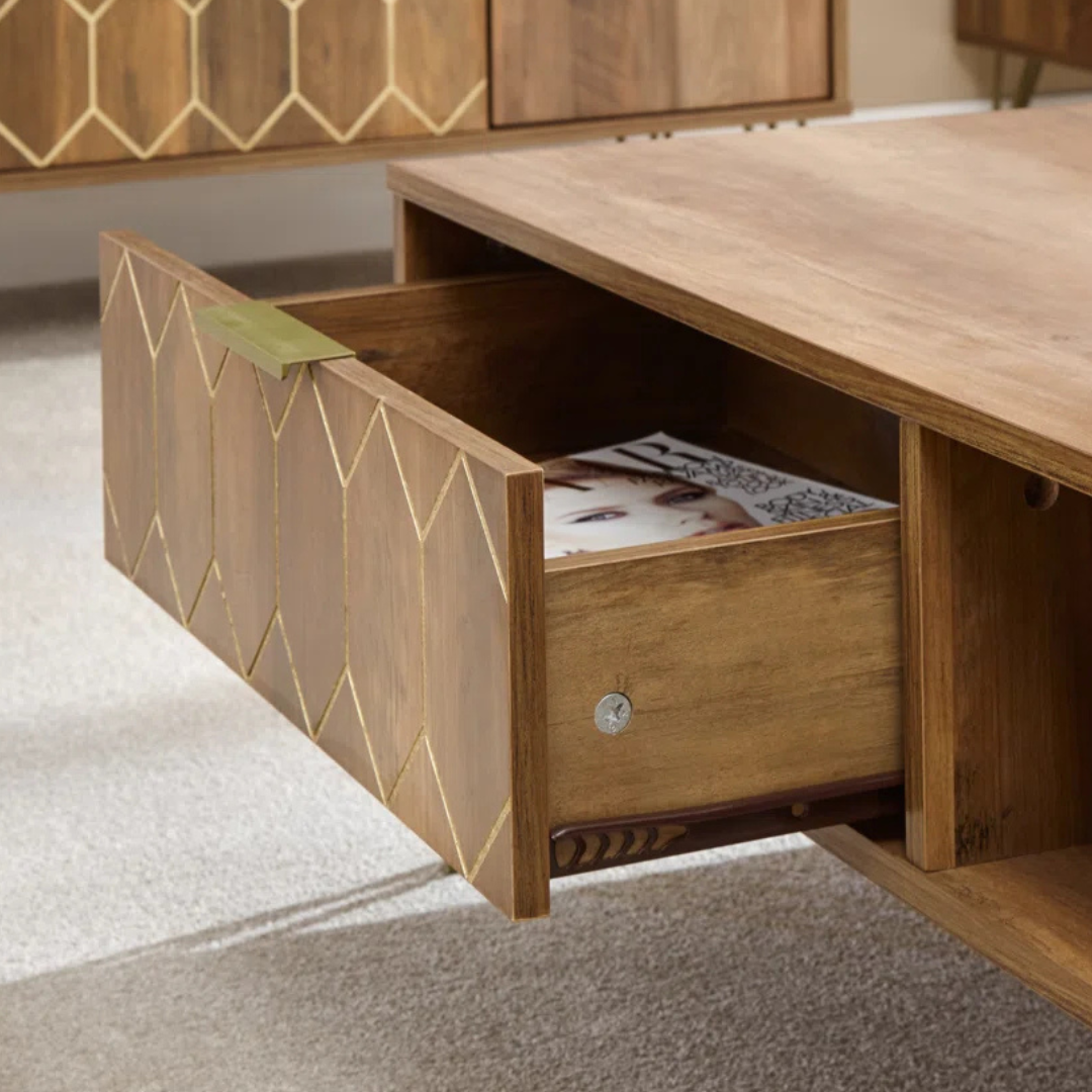 Wooden art deco coffee table with gold accents, close up to open drawer.