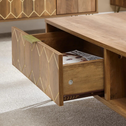 Wooden art deco coffee table with gold accents, close up to open drawer.