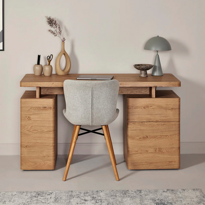 Wooden Contemporary Home Office Desk, front view, in a modern home office.