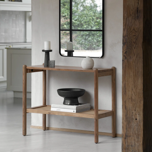 Wooden Rustic Console Table With Rattan Shelf
