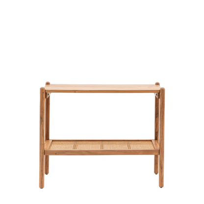 Wooden Rustic Console Table With Rattan Shelf