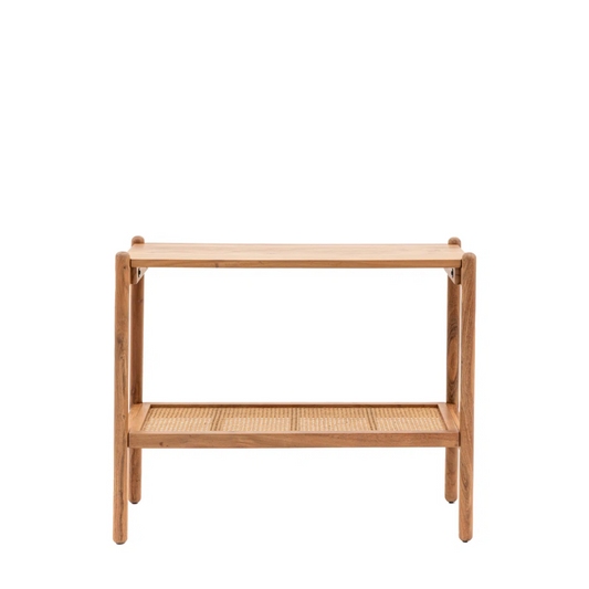 Wooden Rustic Console Table With Rattan Shelf