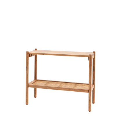 Wooden Rustic Console Table With Rattan Shelf