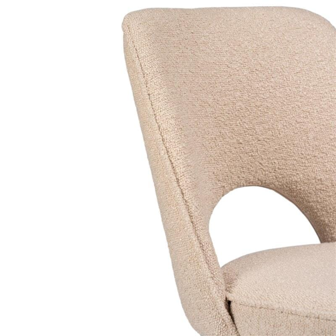 Beige Boucle Dining Room Chairs close up of the backrest