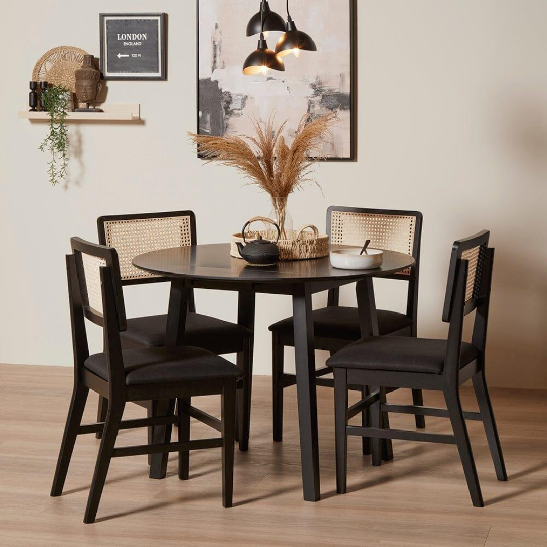 Black Rattan Dining Chairs – Set of Two styled in a modern dining room set up showcasing 4 dining chairs.