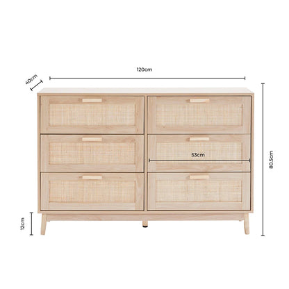 Scandi Rattan Black Bedroom Chests Of Drawers, Wooden cabinet with rattan doors and dimensions on a white background
