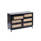 Black dresser with woven drawer fronts on a white background