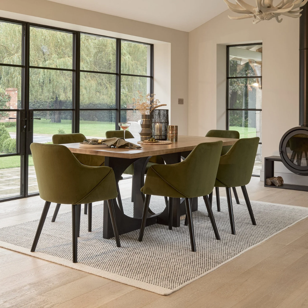 Suede Olive Green Dining Chairs styled around a dining table farmhouse style