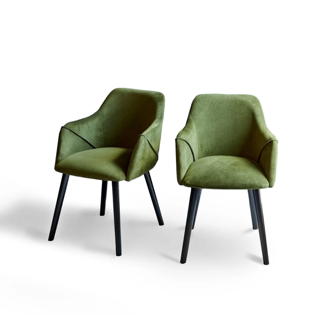 Suede Olive Green Dining Chairs pair front view