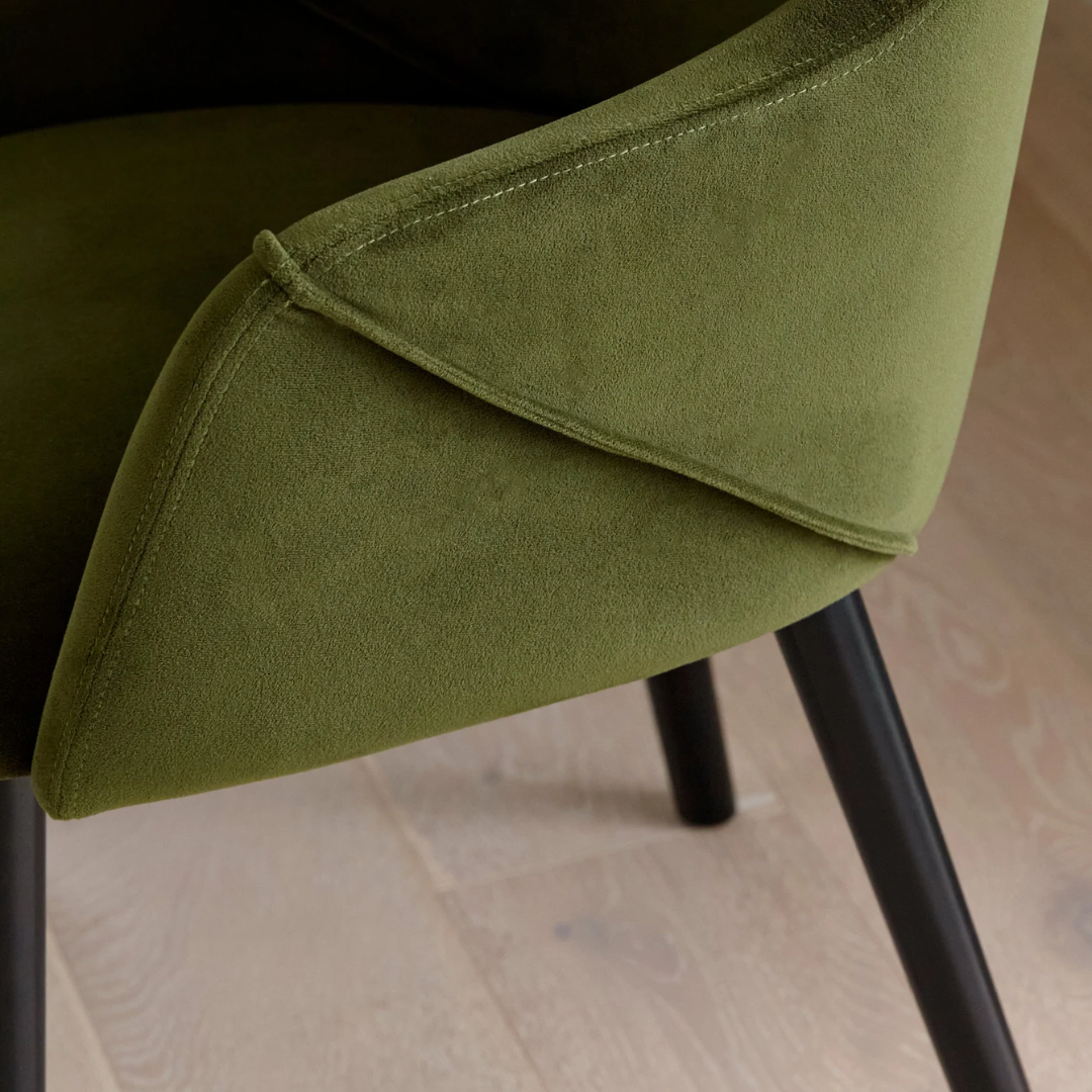 Suede Olive Green Dining Chairs close up of the suede material