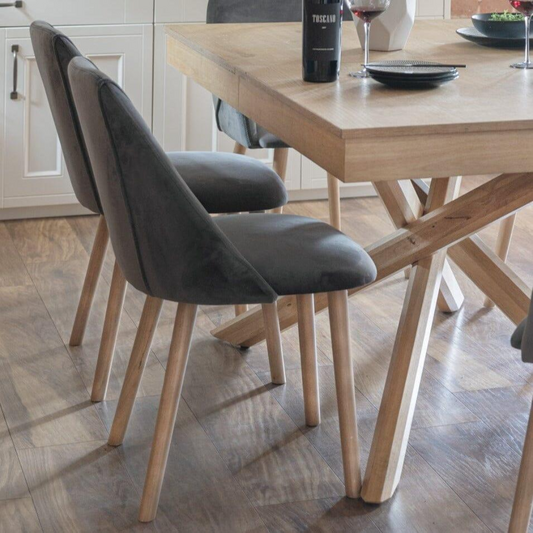 Velvet Grey Dining Chairs Wood Legs - Set Of Two close up of the velvet 